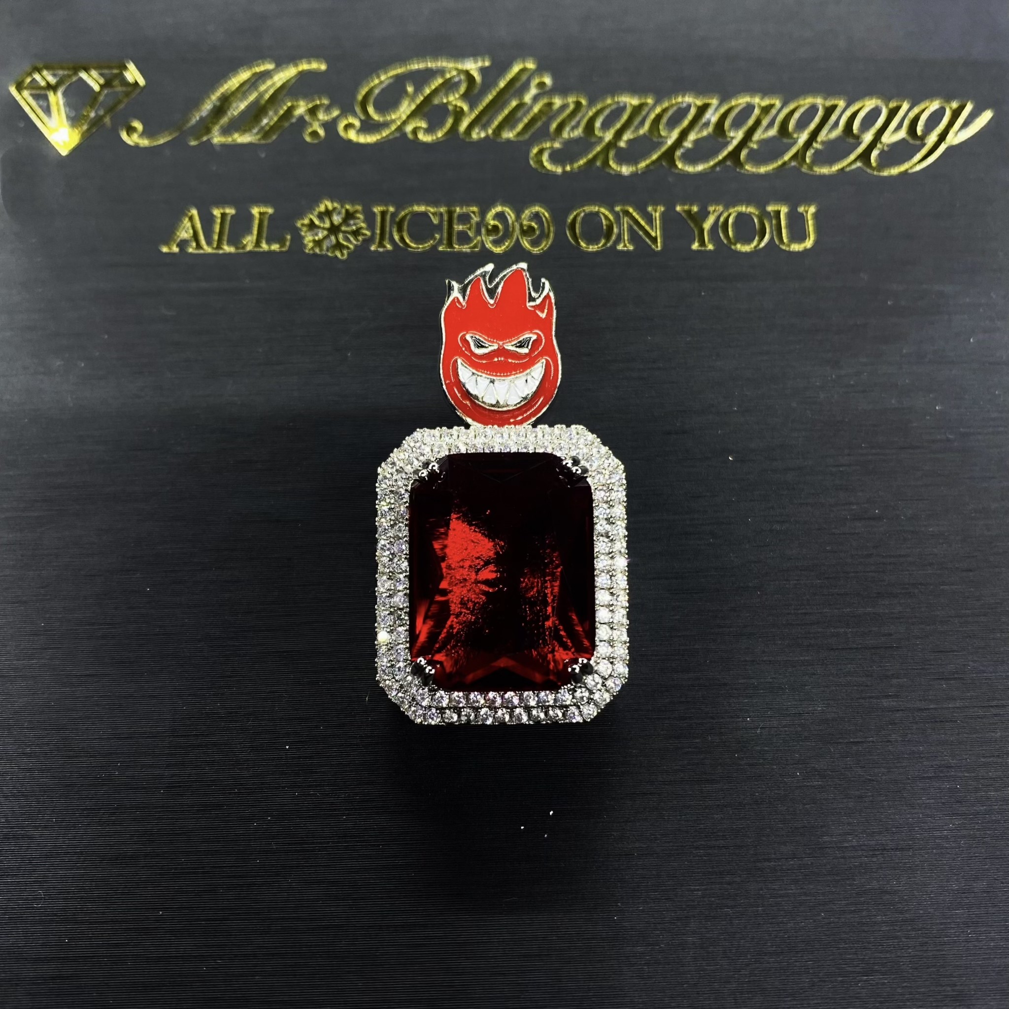 Mr.Blingggggg European and American hip-hop jewelry solid full diamond red fireman belt head ruby couple pendant