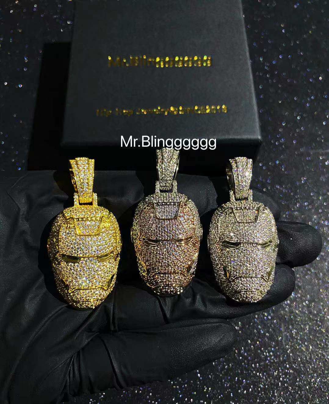 Mr.Blingggggg European and American hip-hop jewelry full of diamond nightclub Marvel superhero Iron Man head pendant