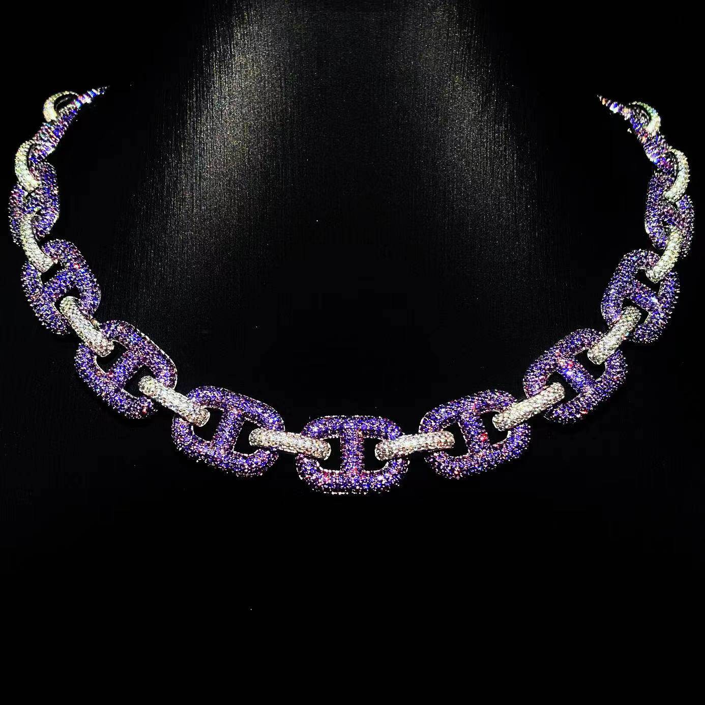 Mr.Blingggggg European and American hip-hop jewelry 16mm customized white and purple full diamond pig nose unisex necklace