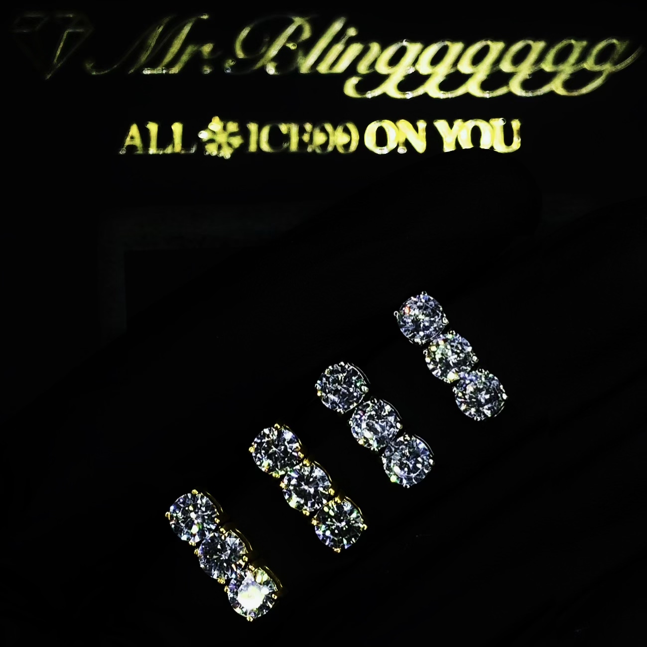 Mr.Blingggggg European and American hip-hop jewelry, stainless steel non-fading three-diamond stitching super flash couple earrings