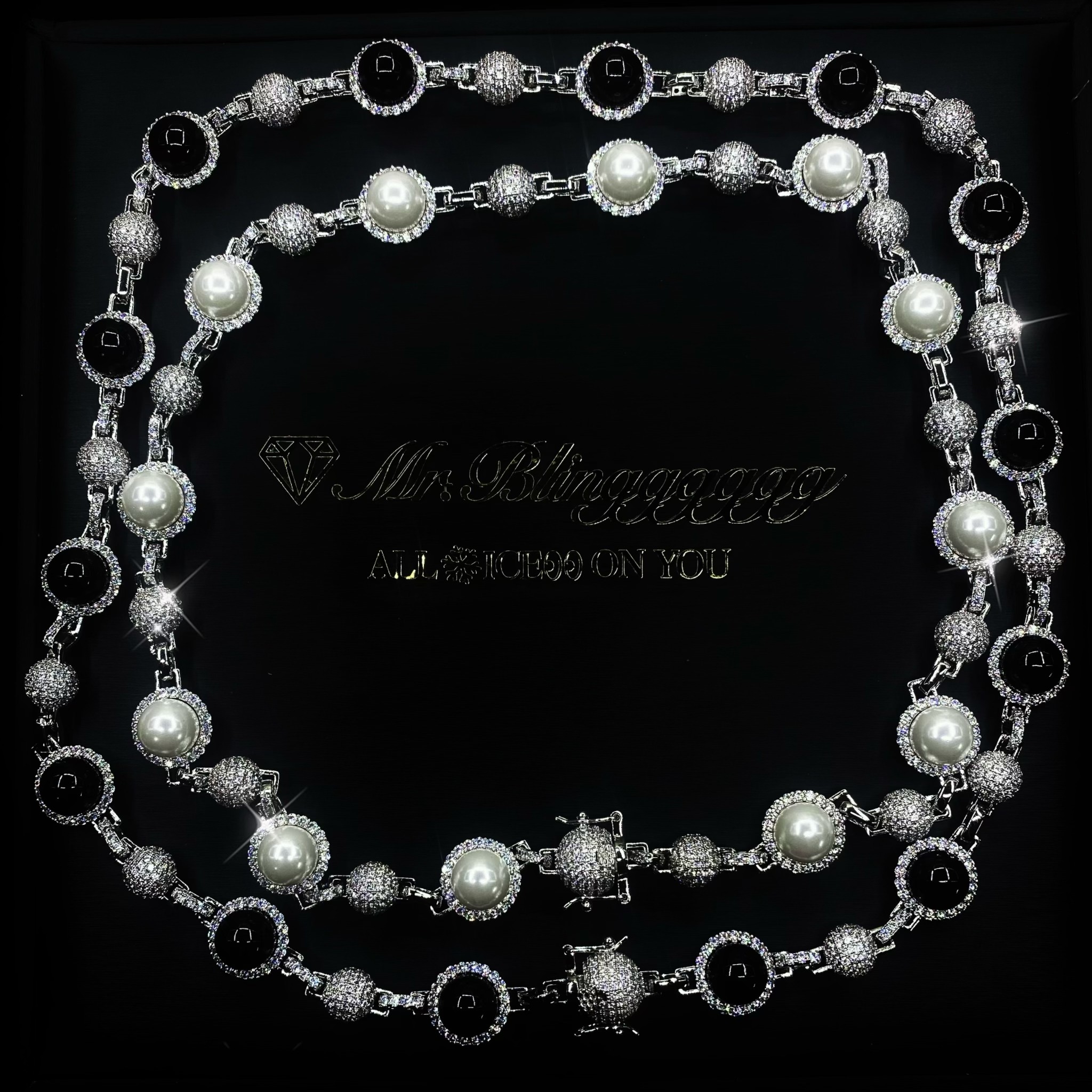 Mr.Blingggggg European and American hip-hop jewelry Travis Scott's same style full diamond round bead pearl mixed chain