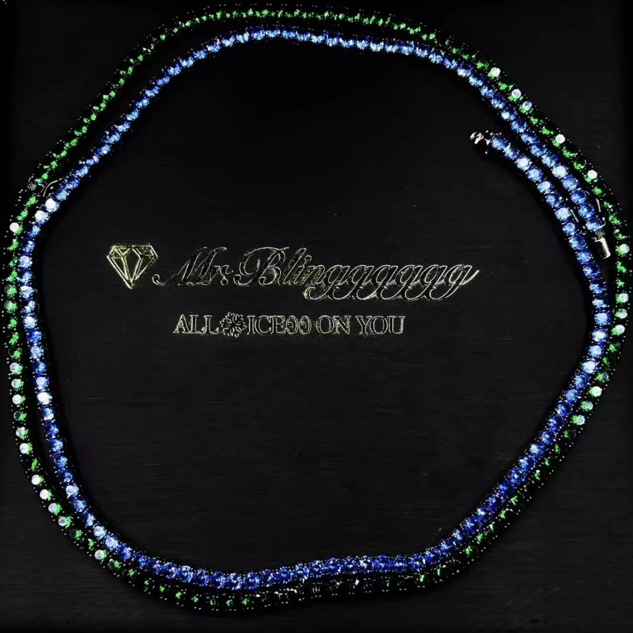 Mr.Blingggggg European and American hip-hop jewelry Couple model customized black, green, black and blue color tennis row diamond necklace