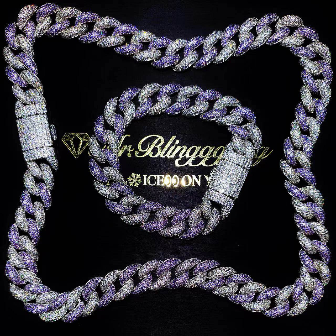 Mr.Blingggggg European and American hip-hop jewelry 15mm full diamond customized white and purple bubble Cuban necklace bracelet