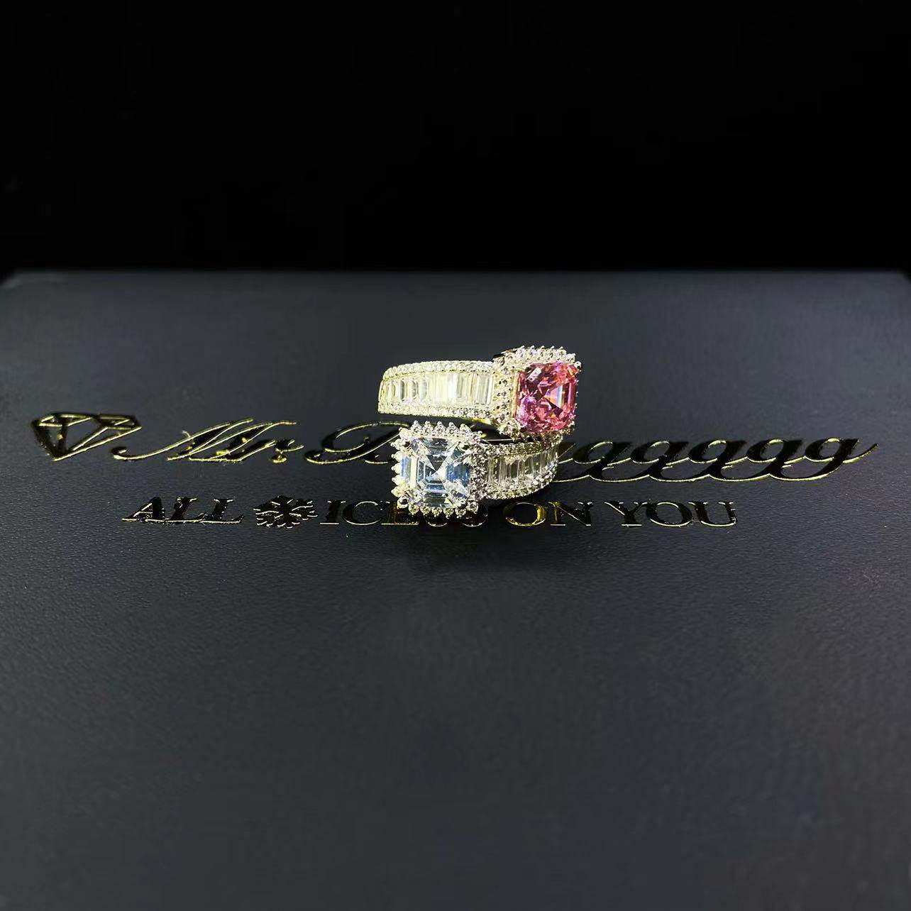 Mr.Blingggggg European and American hip-hop jewelry s925 silver mixed inlaid Asscher square diamond adjustable ring
