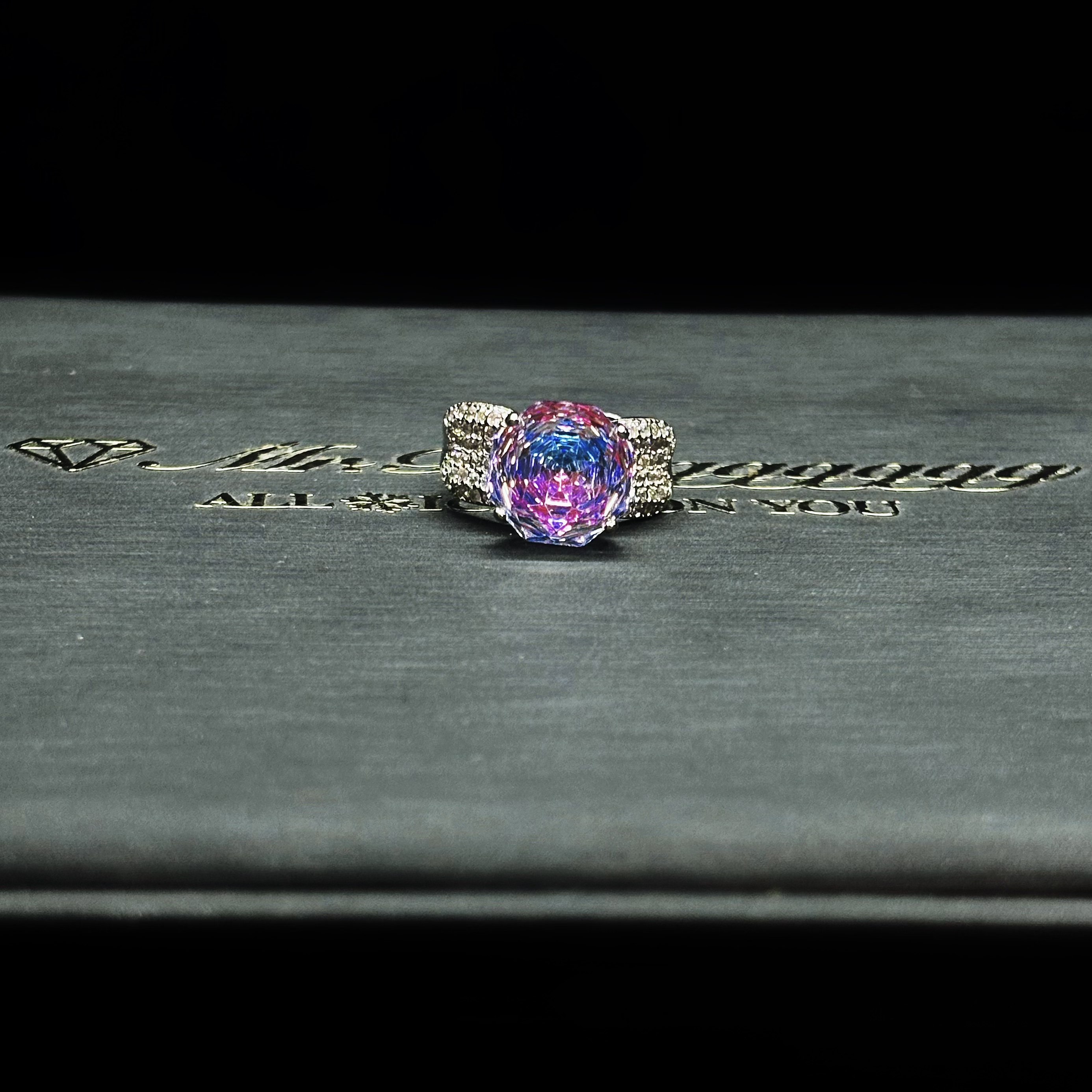 Mr.Blingggggg European and American Hip Hop Jewelry Open Adjustable Millennium Rose Cut Blue Pink 12mm Diamond Ring