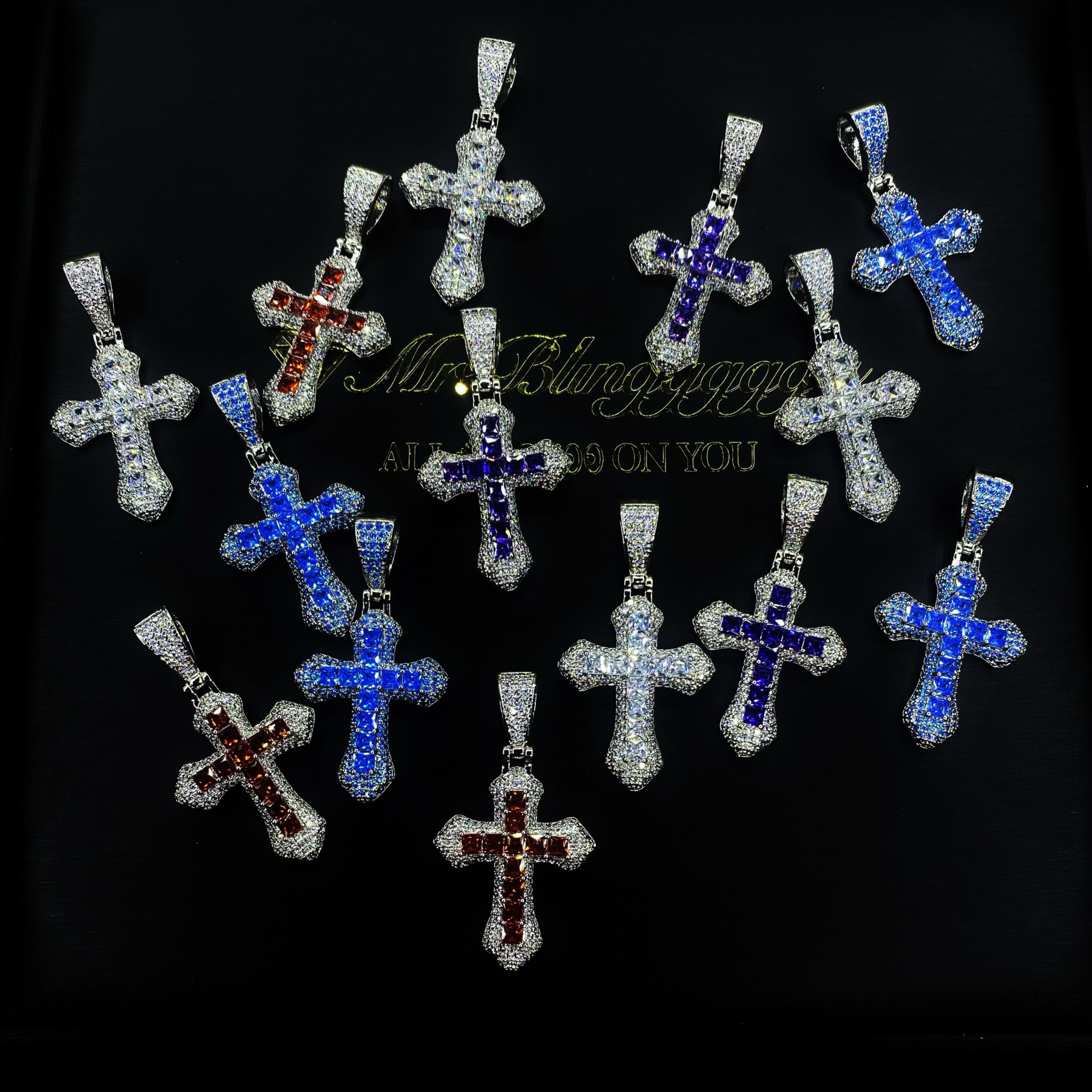 Mr.Blingggggg European and American hip-hop jewelry full diamond mixed inlaid blood red sea blue square cross pendant