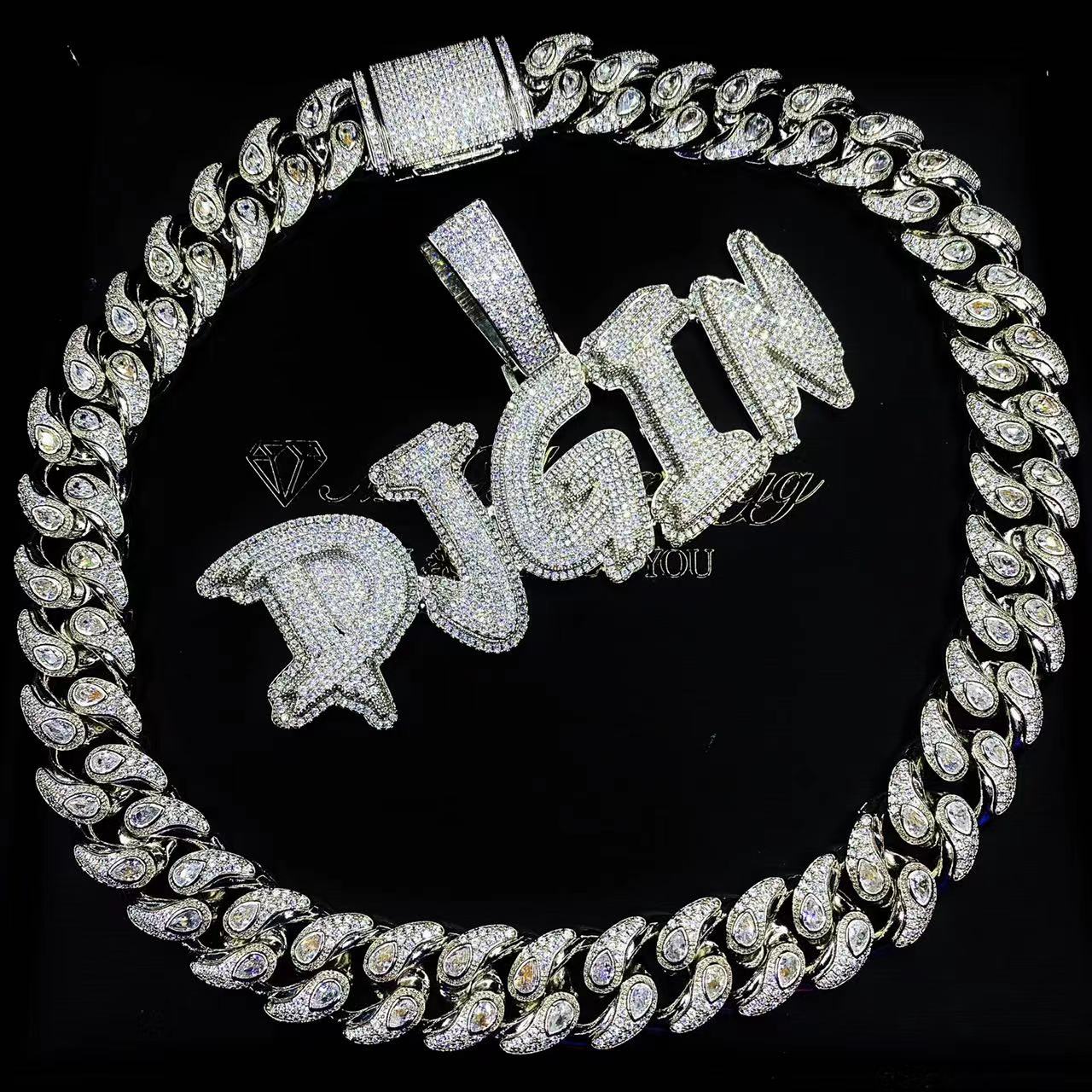 Mr.Blingggggg European and American hip-hop jewelry full diamond customized double-layer full diamond splicing letter pendant Cuban chain