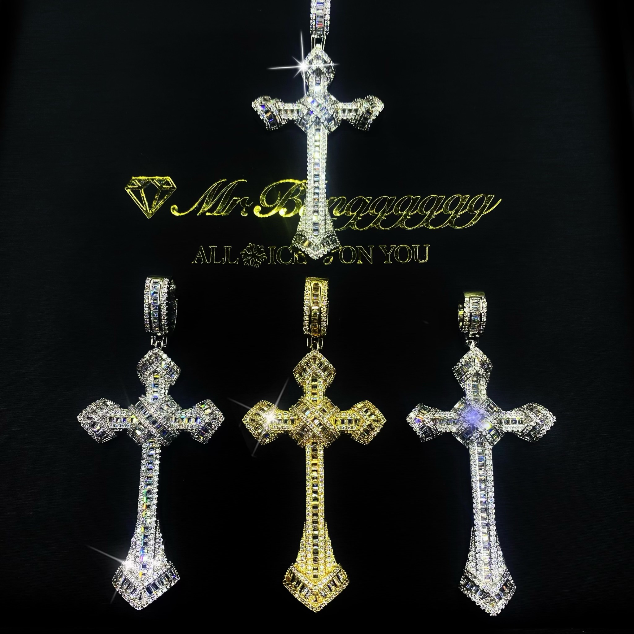 Mr.Blingggggg European and American hip-hop jewelry full diamond mixed inlay T square diamond large cross pendant