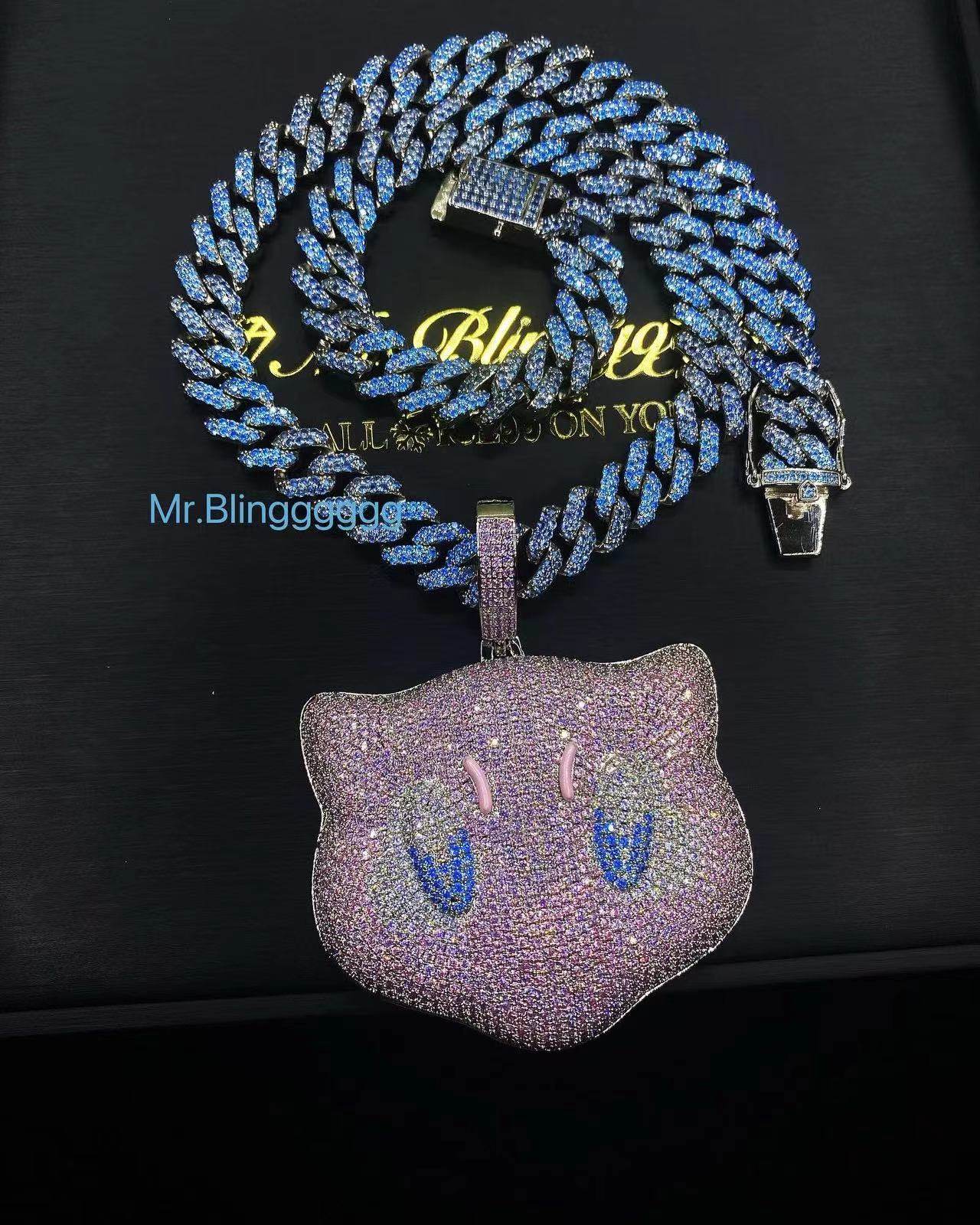 Mr.Blingggggg European and American hip-hop jewelry super flash full of diamonds blue and pink Pokémon dream couple pendant