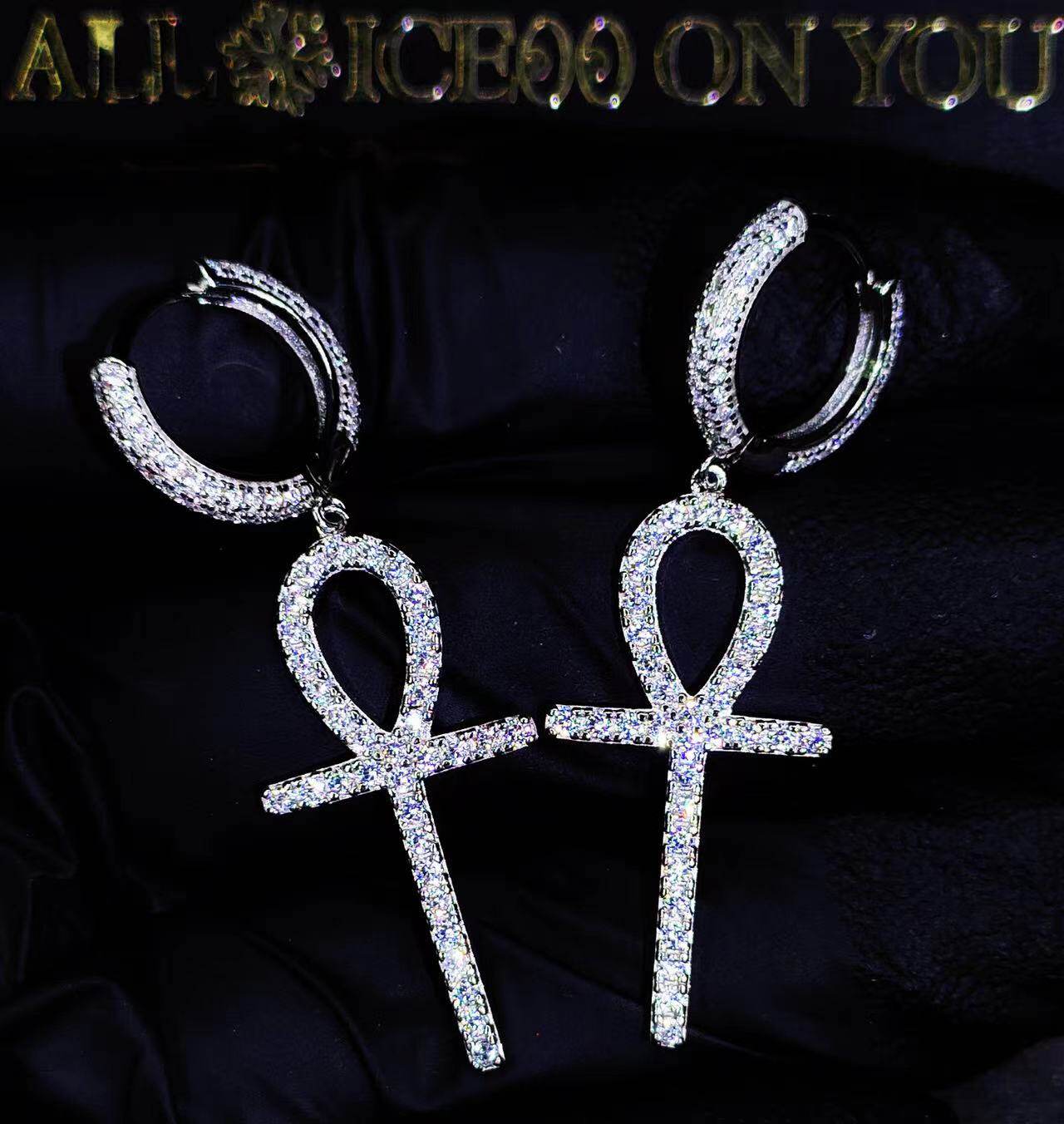 Mr.Blingggggg European and American hip-hop jewelry S925 sterling silver full diamond Ankh cross earrings rap ear acupuncture