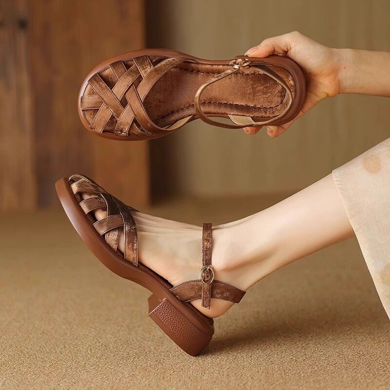 真皮包头凉鞋女新款夏季女鞋镂空编织猪笼鞋不累脚法式粗跟高跟鞋,淘宝优惠券,粉丝福利购,淘宝优惠卷