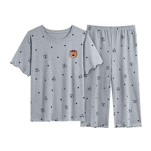 夏季短袖睡衣套装自带胸垫一体大码女防凸点家居服宽松韩版可外穿 - 图3