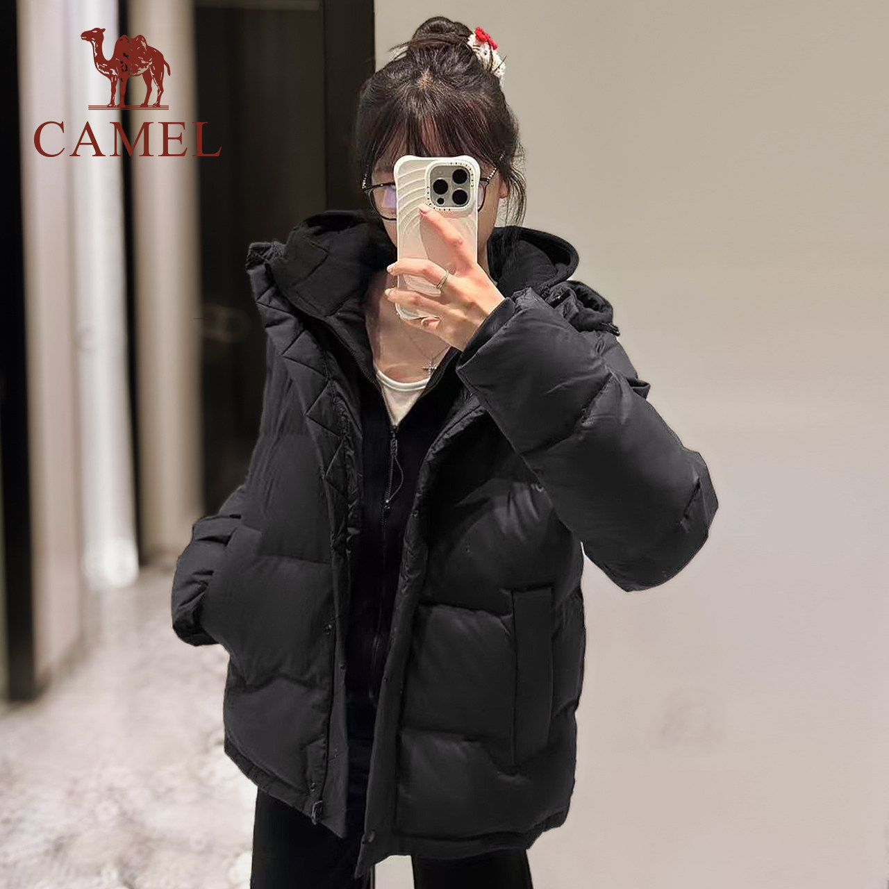 骆驼运动羽绒服女冬季鸭绒加厚防风连帽外套保暖黑色短款面包服,淘宝优惠券,粉丝福利购,淘宝优惠卷