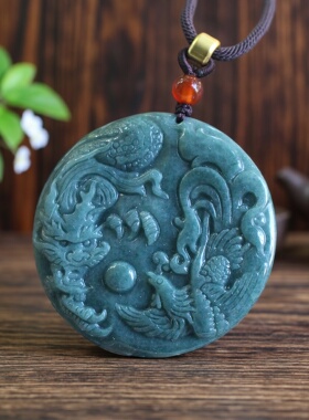 天然油青翡翠A货龙凤呈祥吊坠