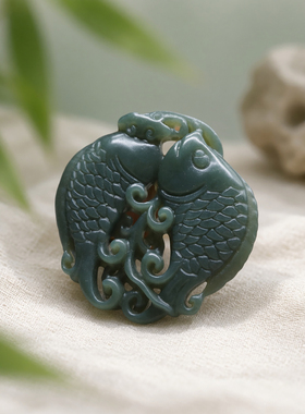 天然和田青玉双鱼吊坠连年有余