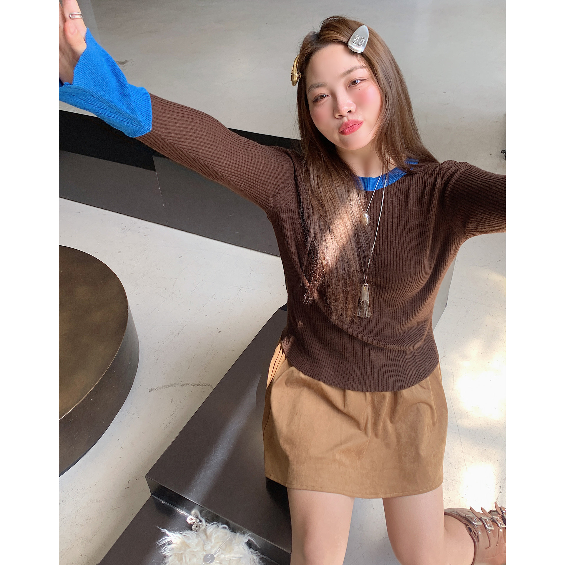 Dazi金大支撞色针织衫女打底衫2025新款秋冬季胖mm大码洋气上衣