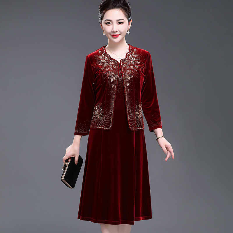 喜婆婆婚宴装中年妈妈结婚气质优雅礼服秋冬金丝绒两件套装连衣裙