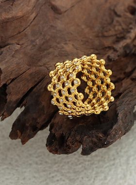 法式复古不锈钢网纹形捷克钻指环时尚个性简约小众设计镀金18K批