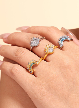 欧美跨境日月同辉锆石戒指ins风小众超细开口调节钛钢闪耀食指戒