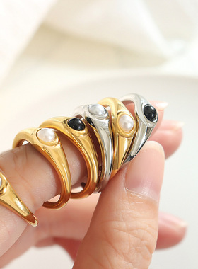 欧美轻奢跨境不掉色玻璃珠子简约戒指女饰品不掉色精致钛钢