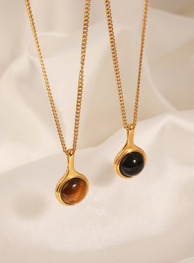 欧美新款高级感天然石手工串珠锁骨链钛钢镀金镶黑色玛瑙吊坠项链