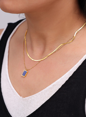 法式复古天然蓝色青金石几何方牌锁骨链 钛钢镀18K金不掉色叠戴风