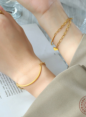 法式简约小众设计原创微笑流苏钛钢手链饰品配件首饰不掉色