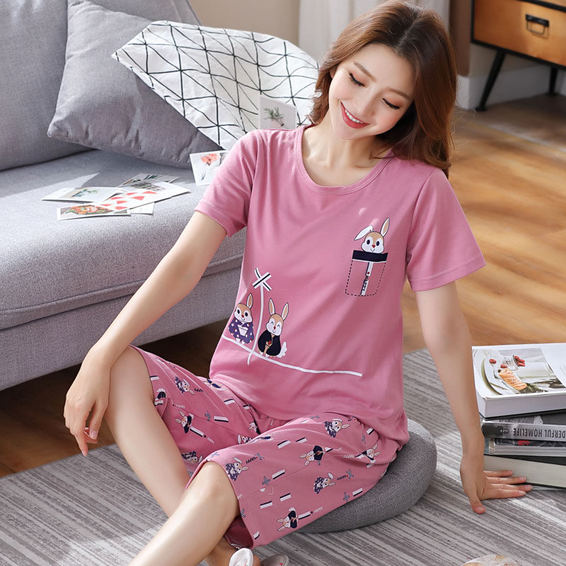 夏纯棉短袖卡通小猪甜美薄款睡衣 睡馨怡家居坊睡衣/家居服套装