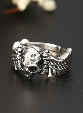 中古饰品戒指雕花骷髅头手饰另类朋克饰品合金藏银色指环
