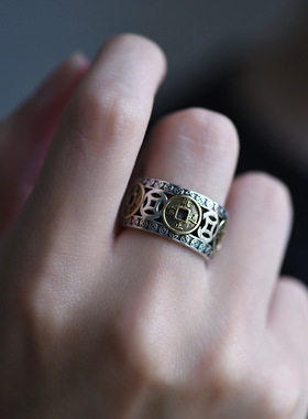 国潮S925银五帝钱戒指男士复古开口可调节指环潮男个性宽版手饰