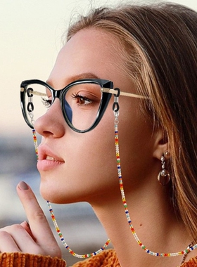 欧美饰品水晶彩色花朵手工编织口罩链花朵米珠白色黑色眼镜链