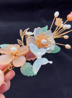 古风原创天然石粉晶发梳玉簪花