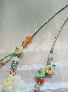 天然A货翡翠黄绿色缅料双莲花吊坠手工原创设计编织繁花项链中式