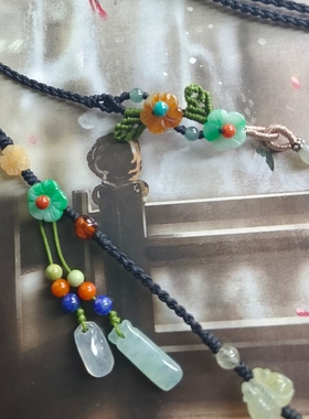 天然A货翡翠白冰荷花吊坠手工设计编织小繁花项链新中式国风女款