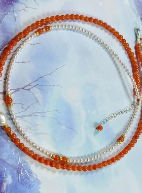 天然南红玛瑙小米珠强光淡水珍珠项链双层锁骨链女款饰品礼物