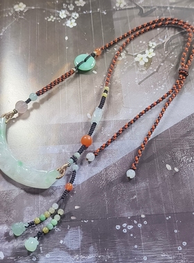 天然A货缅料翡翠冰飘花鸳鸯荷花雕刻手工设计编织项链新中式礼物