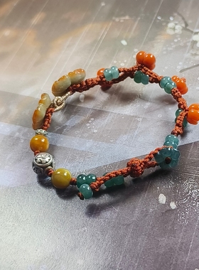 天然A货翡翠红翡花南红碗花蓝水珠手工设计编织手链女新中式国风