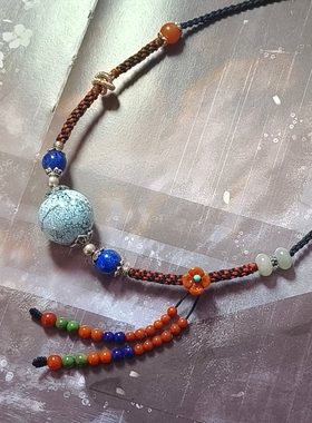 天然原矿湖北绿松高瓷网花单珠手工设计编织项链新中式国风饰品