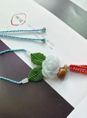 天然A货翡翠缅料牡丹花原创设计南红米珠流苏吊坠项链新中式女