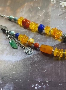 手工设计原创天然蜜蜡随型青金石南红绿松925银多宝锁骨链中式