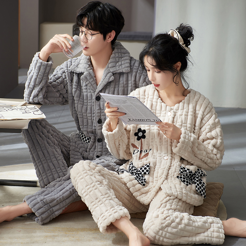 浪莎冬季珊瑚绒情侣睡衣女加绒加厚保暖法兰绒男士冬天家居服套装 - 图1