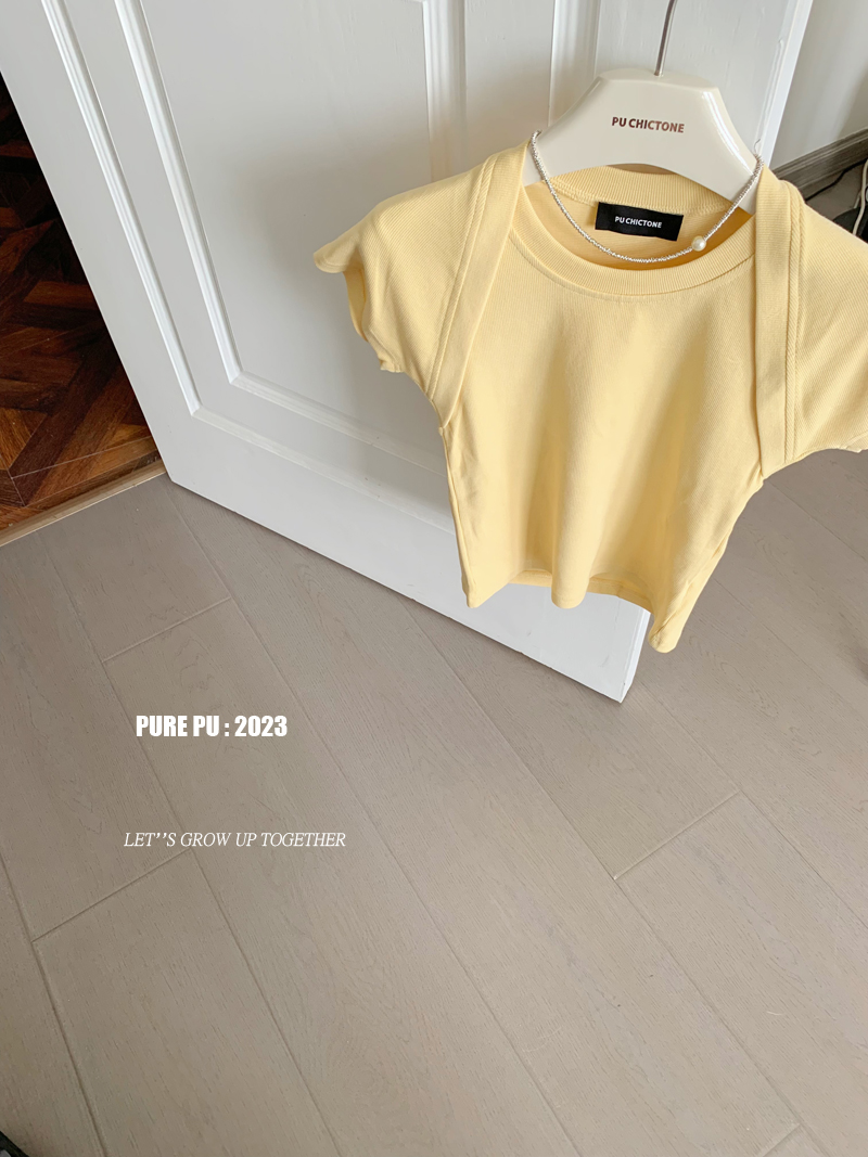 奶油黄小众拼接设计感正肩上衣2024年春夏新款假两件韩系显瘦T恤 - 图0