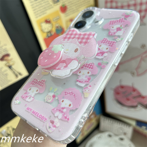 MMKEKE日系甜妹草莓美乐蒂旋转支架piano小羊挂件适用iphone17promax双层imd手机壳苹果16pro保护套15pm萌14 - 图3