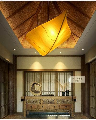 包邮新中式树叶吊灯创意餐厅茶馆卧室东南亚客厅美容院墙壁布艺灯 - 图1