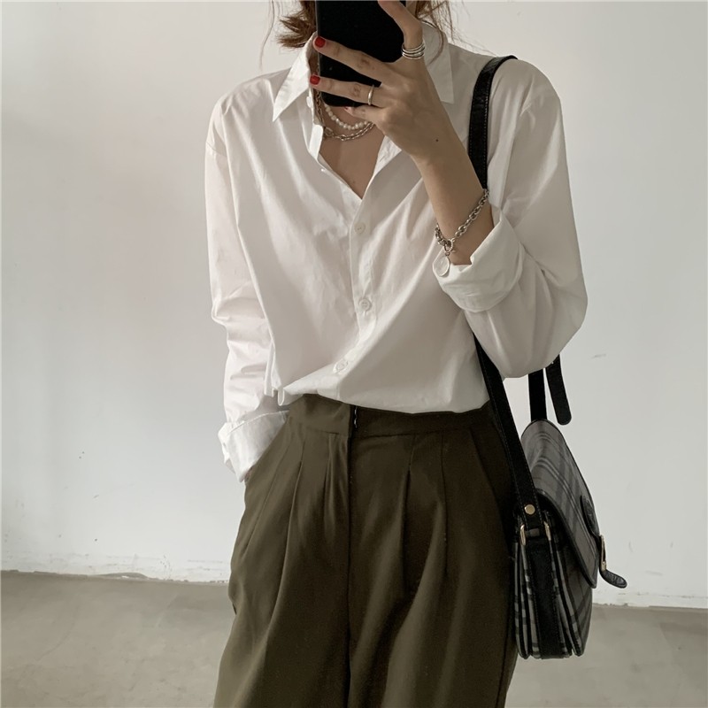 春秋新款纯棉白色衬衫女韩范宽松百搭显瘦气质衬衣上衣洋气打底衫,淘宝优惠券,粉丝福利购,淘宝优惠卷