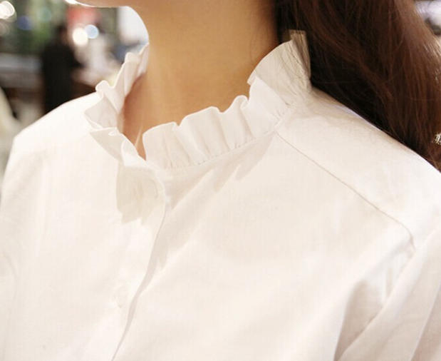 春秋新款长袖衬衫女韩版修身大码白色木耳领女衬衣花边领打底衫潮