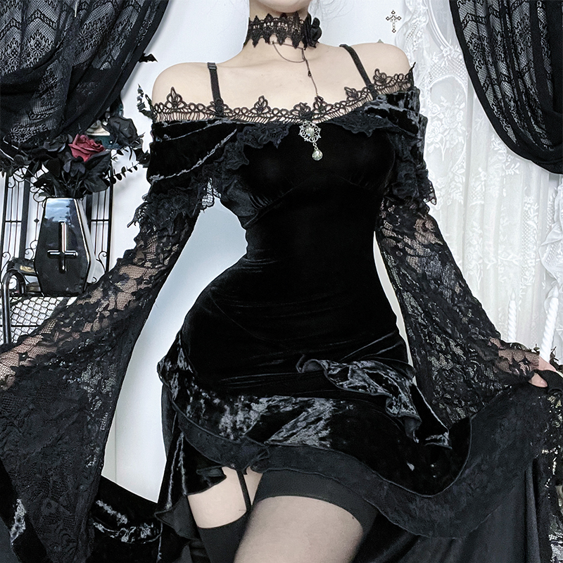 希与studio哥特风暗黑丝绒宝石吊坠开叉鱼尾连衣裙亚文化辣妹长裙 - 图0