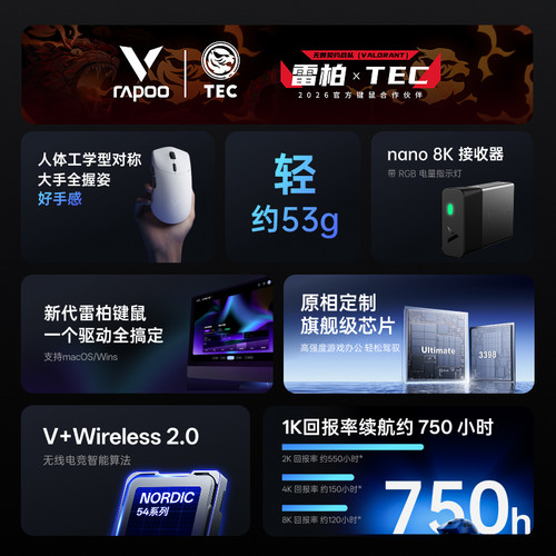 雷柏VT7 MAX无线鼠标3395轻量化双模双8K中大手人体工学电竞游戏 - 图0