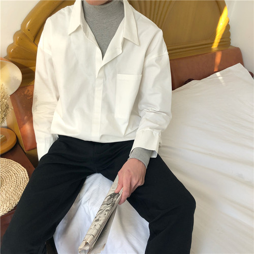 okk/两件一体高领韩港味假两件衬衫简约拼接撞色OV宽松男长袖衬衣 - 图2
