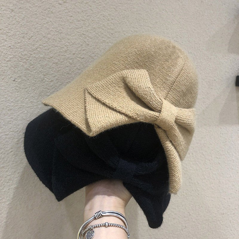 韩系chic蝴蝶结针织渔夫帽子女冬天保暖针织大头围黑色保暖盆帽潮,淘宝优惠券,粉丝福利购,淘宝优惠卷